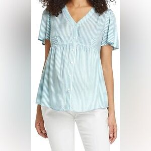 Isabel Maternity Pinstriped Button Down Blouse - Blue & White - Size XL